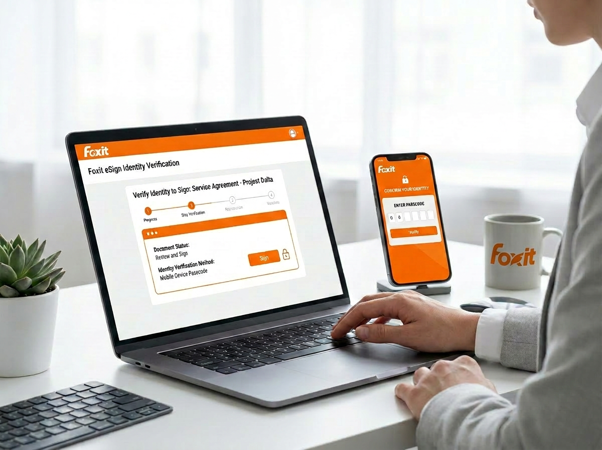 Professional verifying identity with smartphone and laptop for electronic signature